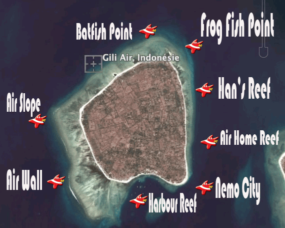 Map sites Gili Air Gili Air  Divers - Gili Meno Divers Gili Trawangan Lombok Bali Indonesia